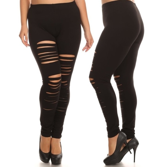 Pants - Plus Size High Waist Leggings Distressed Shredded